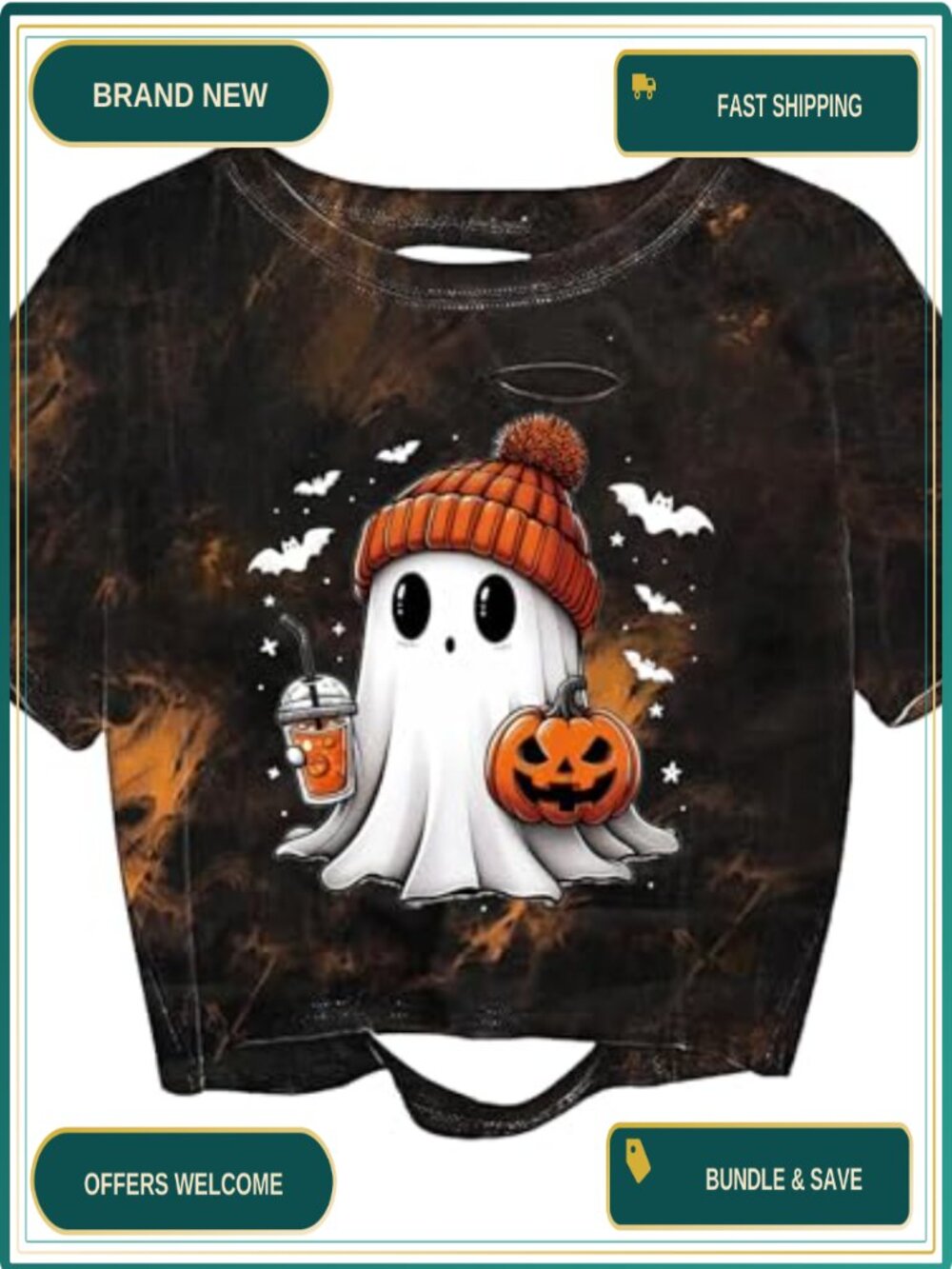 Women's Distressed Crop Tee Ghost Pumpkin Halloween Fall Matching Top